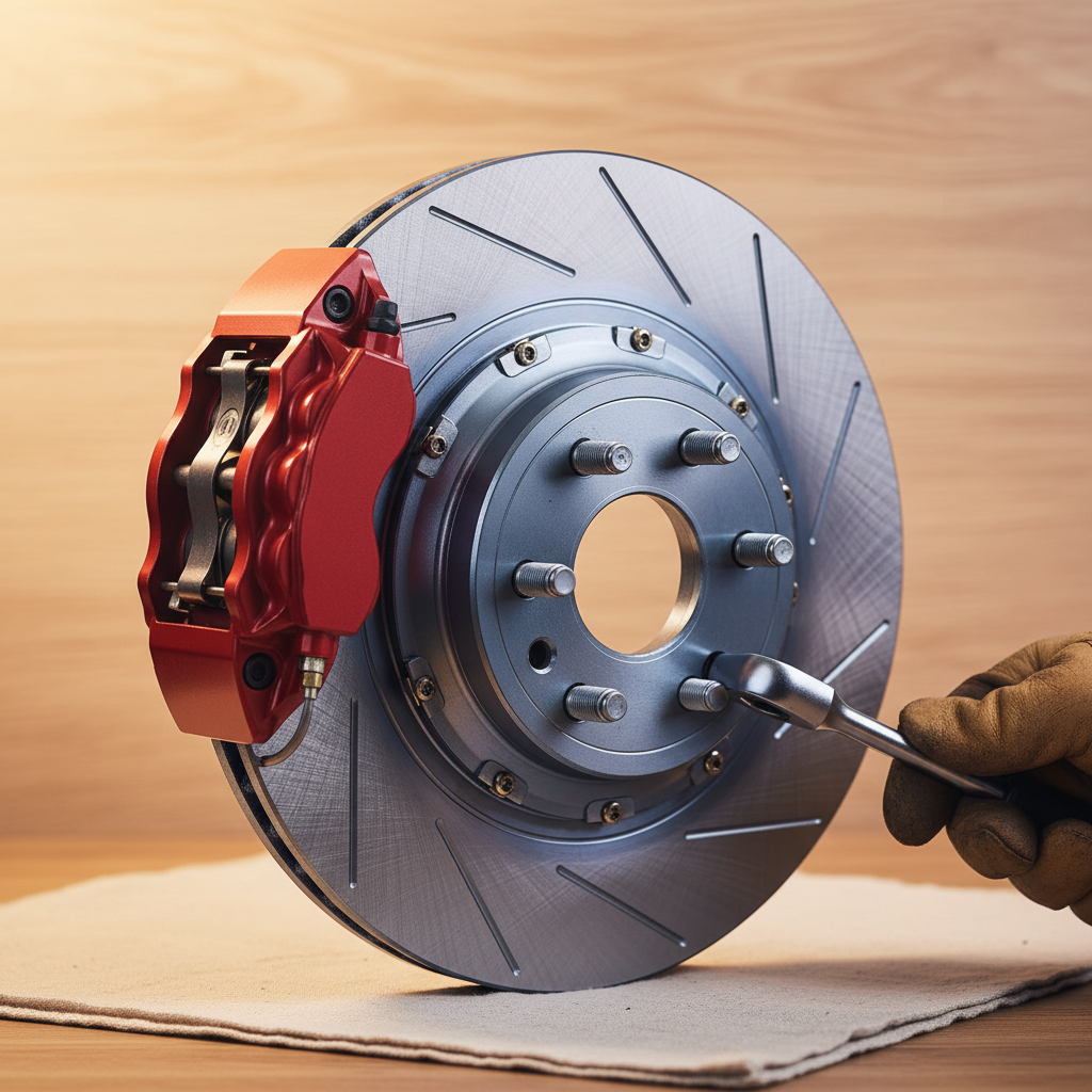 brake disc and caliper detail shot, polished metal under workshop light